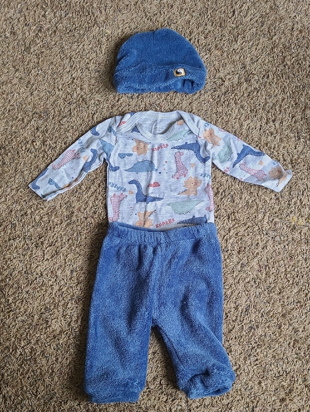 Mon Cheri Baby Blue Plush-Trim Onesie Set